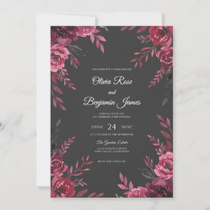 Invitation Mariage au charbon de bois Magenta Feuillage Eucal