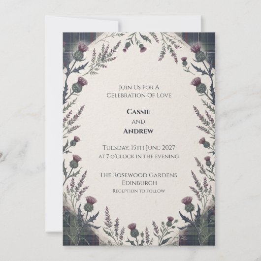 Invitation Mariage au chardon tartan vert pourpre (Devant)