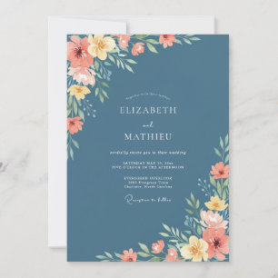 Invitation Mariage au charme floral bleu ardoise