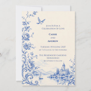 Invitation Mariage au Château au bord du Lac avec Toile Bleue
