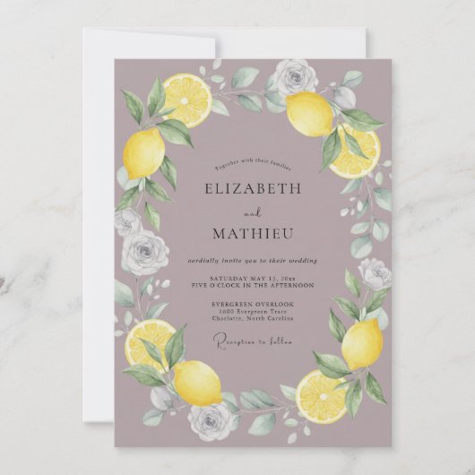 Invitation Mariage au citron eucalyptus violet subtil (Devant)