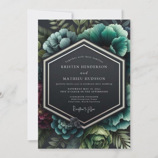 Invitation Mariage au clair-obscur grenat et sarcelle (Devant)