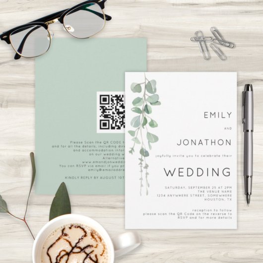 Invitation Mariage au code QR de l'eucalyptus aquarelle