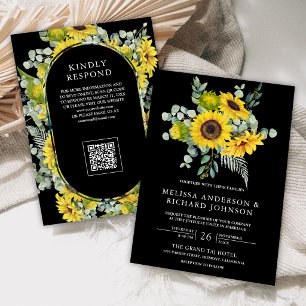 Invitation Mariage au code QR Eucalyptus Tournesols Noir