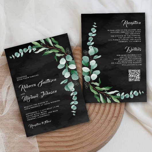 Invitation Mariage au code QR noir sur fond de branche d'euca