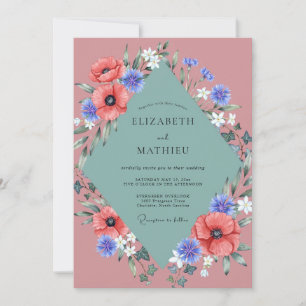 Invitation Mariage au coquelicot corail et bleuet