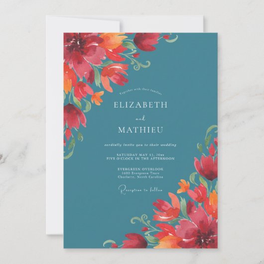 Invitation Mariage au coquelicot orange sarcelle (Devant)