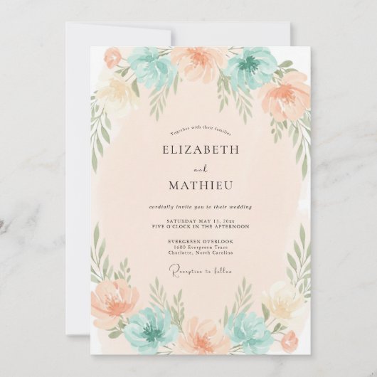 Invitation Mariage au corail Aqua Feuillage Eucalyptus (Devant)