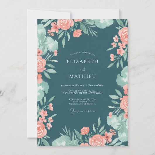 Invitation Mariage au corail bleu-vert et eucalyptus (Devant)