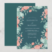 Invitation Mariage au corail bleu-vert et eucalyptus (Devant / Derrière)