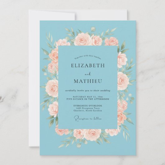 Invitation Mariage au corail céleste camélia eucalyptus (Devant)