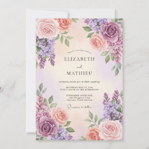 Invitation Mariage au corail pourpre, lavande et eucalyptus