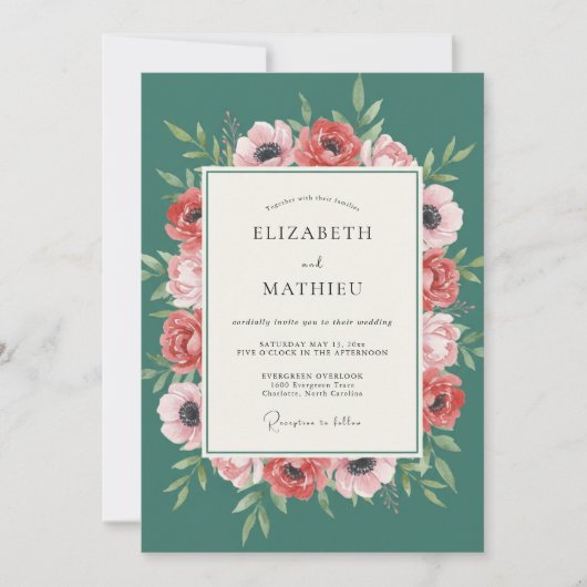 Invitation Mariage au corail sarcelle et à l'anémone (Devant)