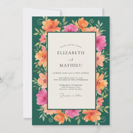 Invitation Mariage au corail sarcelle Hibiscus Eucalyptus (Devant)