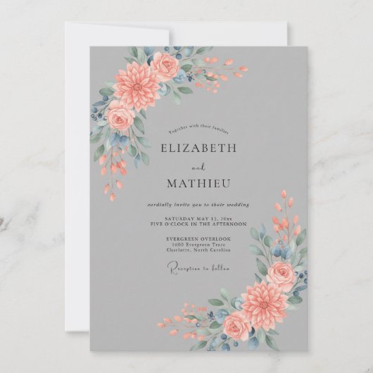 Invitation Mariage au Dahlia Ardoise Corail (Devant)