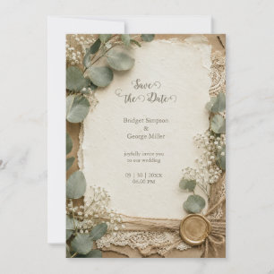 Invitation Mariage au Eucalyptus avec Cire et Dentelle Rustiq
