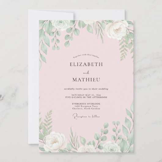 Invitation Mariage au eucalyptus avec feuillage de menthe ros (Devant)