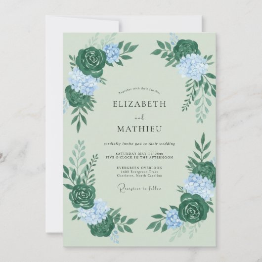 Invitation Mariage au eucalyptus et hydrangea vert clair (Devant)