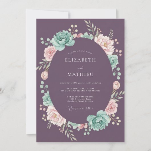 Invitation Mariage au eucalyptus et succulentes prune poussié (Devant)