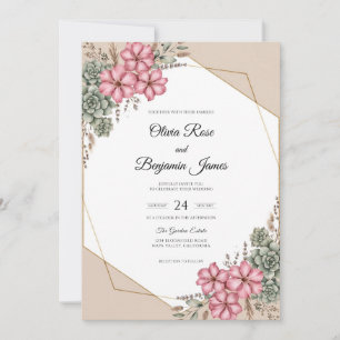 Invitation Mariage au eucalyptus et succulentes rose champagn