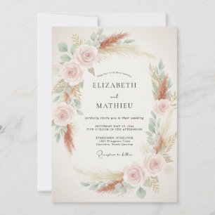 Invitation Mariage au eucalyptus, pampa et terre cuite rose