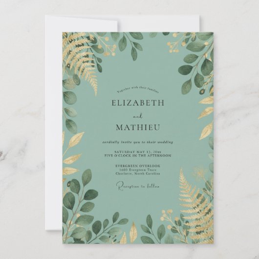 Invitation Mariage au feuillage de céladon or eucalyptus (Devant)