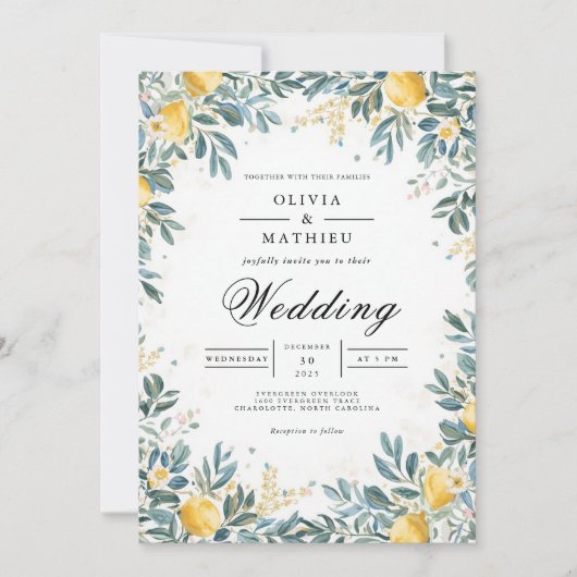 Invitation Mariage au feuillage de citron doré (Devant)