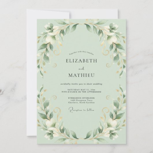 Invitation Mariage au feuillage de eucalyptus menthe (Devant)