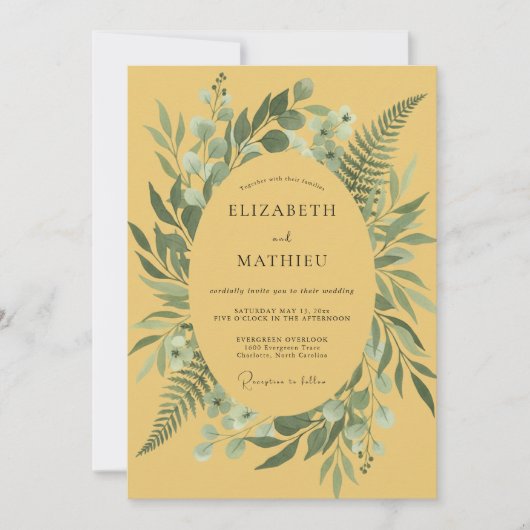 Invitation Mariage au feuillage de fougère moutarde (Devant)