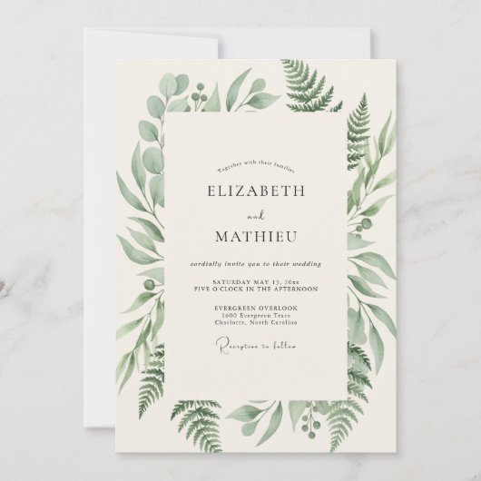 Invitation Mariage au feuillage de fougère olive (Devant)