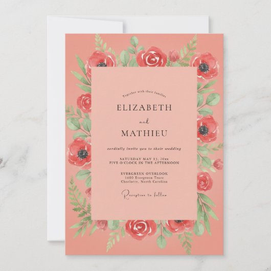 Invitation Mariage au feuillage de pavot corail (Devant)