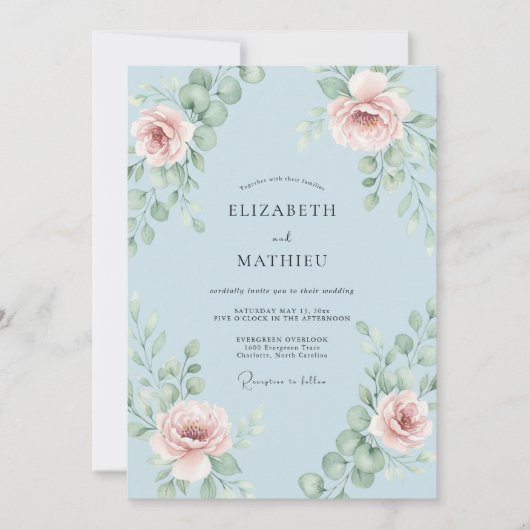 Invitation Mariage au feuillage de pétale céleste (Devant)