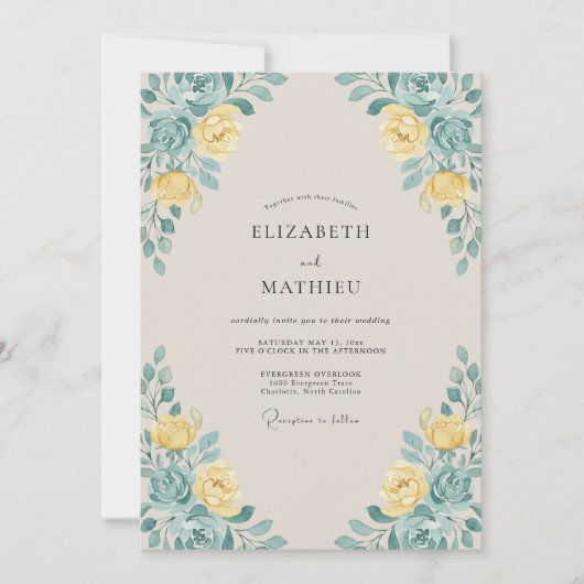 Invitation Mariage au feuillage de rose jaune (Devant)