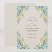 Invitation Mariage au feuillage de rose jaune (Devant / Derrière)