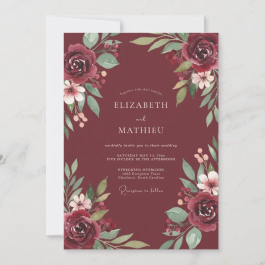 Invitation Mariage au feuillage d'eucalyptus bordeaux (Devant)