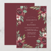 Invitation Mariage au feuillage d'eucalyptus bordeaux (Devant / Derrière)