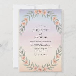 Invitation Mariage au feuillage d'eucalyptus pêche pervenche