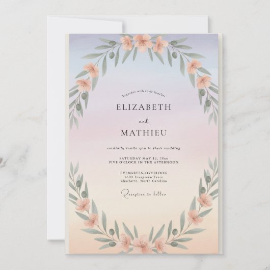 Invitation Mariage au feuillage d'eucalyptus pêche pervenche (Devant)