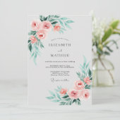 Invitation Mariage au feuillage d'eucalyptus sarcelle corail (Debout devant)