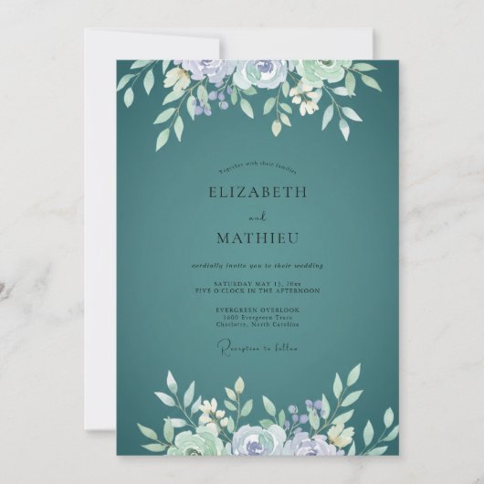 Invitation Mariage au feuillage d'eucalyptus sarcelle et perv (Devant)