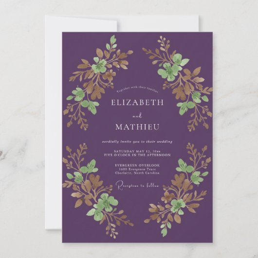 Invitation Mariage au feuillage d'olive d'eucalyptus prune (Devant)