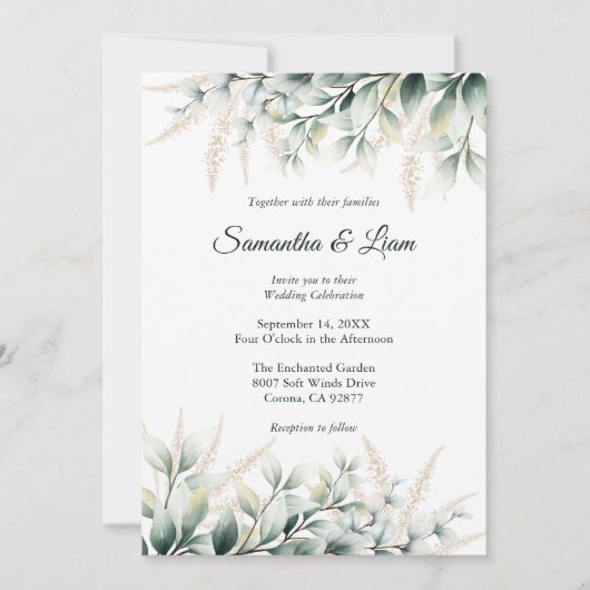 Invitation Mariage au feuillage doré d'eucalyptus (Devant)
