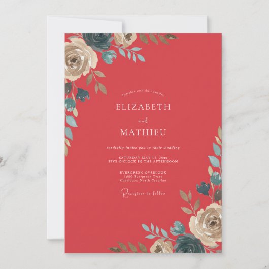 Invitation Mariage au feuillage peint de corail (Devant)