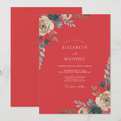 Invitation Mariage au feuillage peint de corail (Devant / Derrière)
