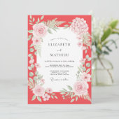 Invitation Mariage au feuillage peint de corail rose (Debout devant)