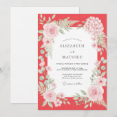 Invitation Mariage au feuillage peint de corail rose (Devant / Derrière)