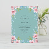 Invitation Mariage au feuillage peint en sarcelle (Debout devant)
