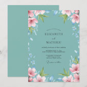 Invitation Mariage au feuillage peint en sarcelle (Devant / Derrière)