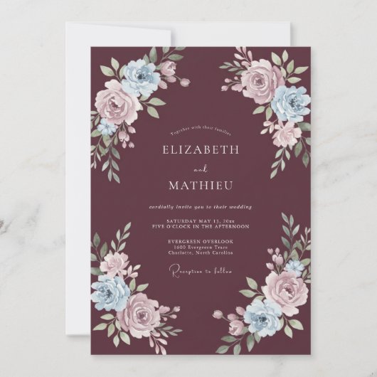 Invitation Mariage au feuillage peint sur ardoise prune (Devant)