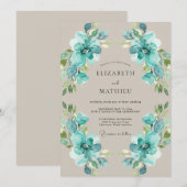 Invitation Mariage au feuillage peint turquoise (Devant / Derrière)